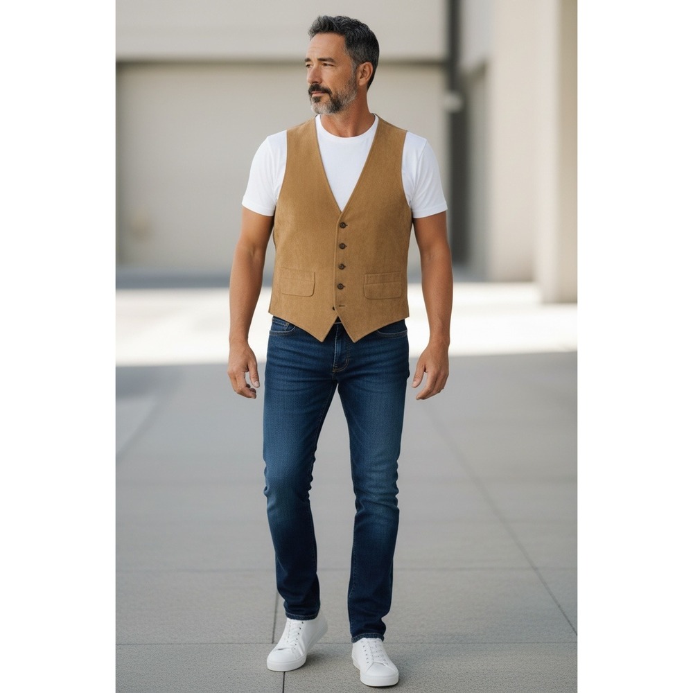 Vintage Tan Suede Vest Mens Brown Waistcoat Bird Print Lining Union Made